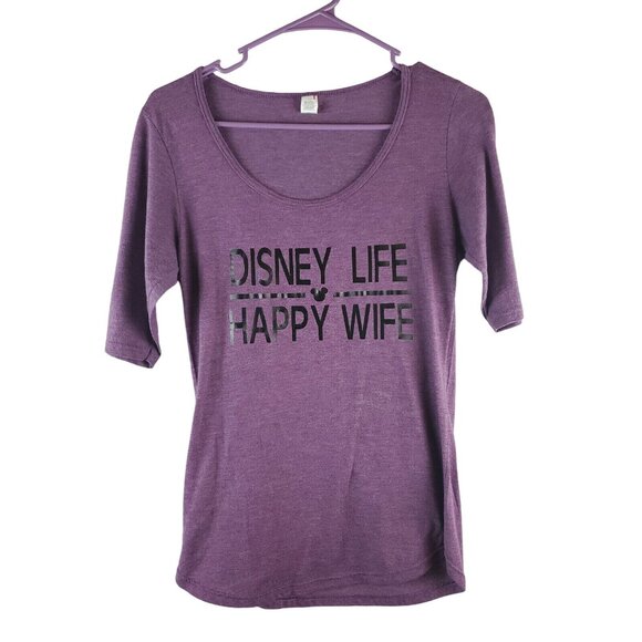 Anvil Tops - Anvil Disney Life Happy Wife Purple Tshirt Mickey Mouse Scoop Neck Sz Small EUC